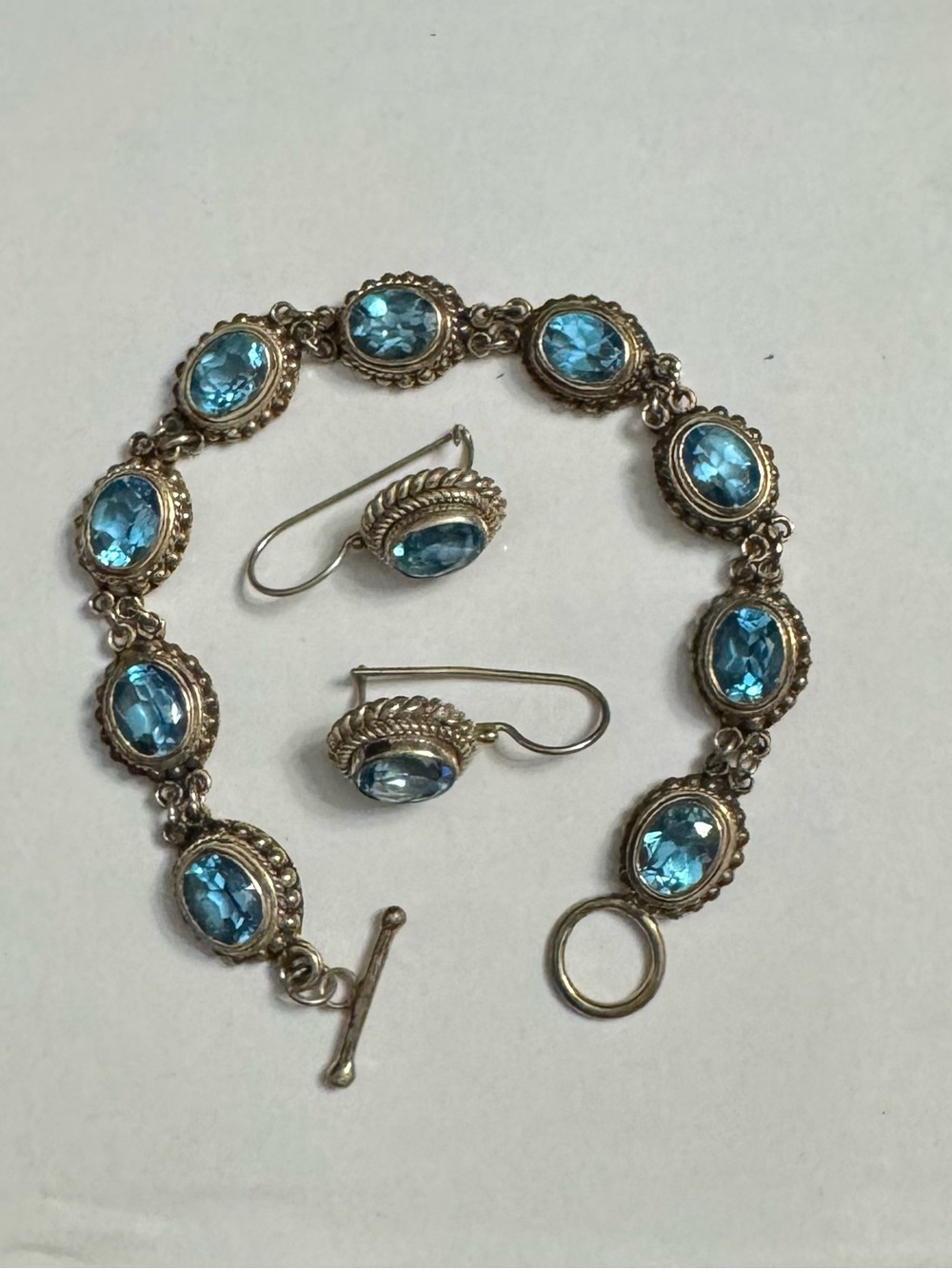 Vintage 925 Silver Oval Blue Topaz Bracelet & Earrings Set w/ Beaded Accent Trim